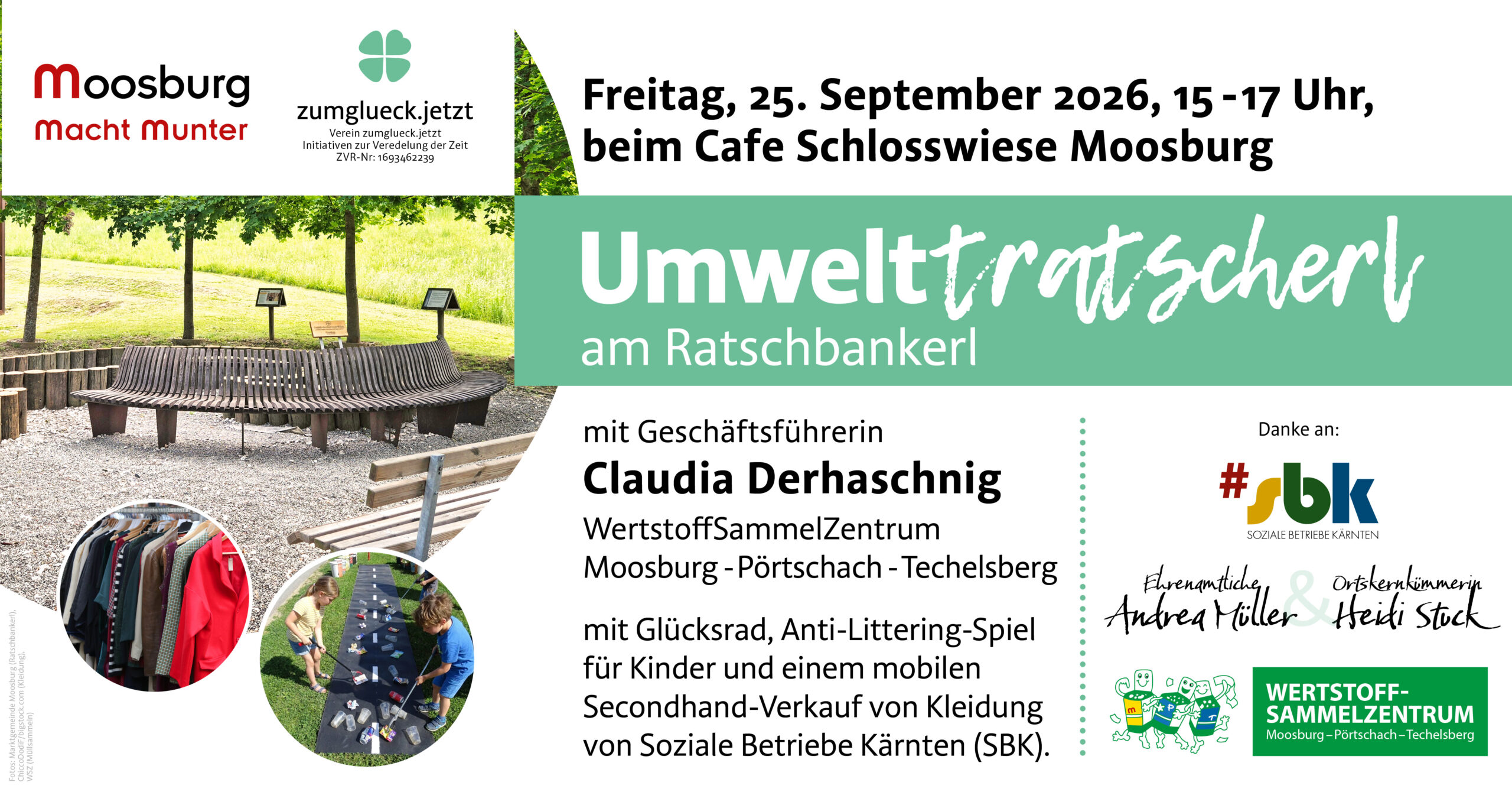 Umweltrat am Ratschbankerl in Moosburg mit Claudia Derhaschnig, Glücksrad und Secondhand-Verkauf